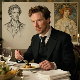 benedict cumberbatch eating dinner, character sheet, character design, contrast, deep focus, turnaround, highly detailed, dramatic lighting, digital painting, artstation, concept art, matte, sharp focus, illustration, elegant, art by artgerm and greg f and alphonse mucha.
