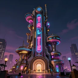 architecture by mike winkelmann, steampunk cyberpunk magic realism neon noir, archdaily, wallpaper, highly detailed, trending on artstation.