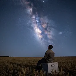 man working in the field taking a break and looking at the blazar in the sky