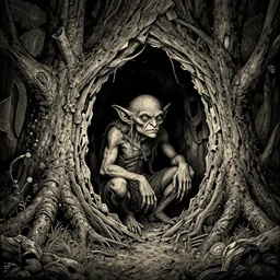 a goblinoid human waits inside broken tree house, detailed intricate ink illustration, dark atmosphere, detailed illustration, hd, 4k, digital art, overdetailed art, concept art, by greg rutkowski, by loish, complementing colors, Trending on artstation, deviantart