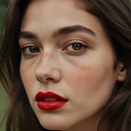 close up portrait photograph of the left side of the face of a brunette woman with stars inside her eyes, red lipstick and freckles. she looks directly at the camera. Slightly open mouth, face covers half of the frame, with a park visible in the background. 135mm nikon. Intricate. Very detailed 8k. Sharp. Cinematic post-processing. Award winning portrait photography