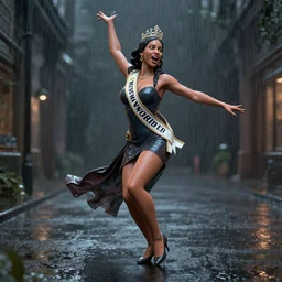 3 d unreal engine octane render of miss of the world dancing in the rain, expressive, passionate, by conrad roset and basquiat