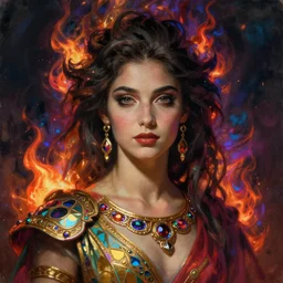 shadowy portrait of a glamour model in ancient garb fading into multicolored embers, painting by sargent and leyendecker, studio ghibli fantasy close - up shot asymmetrical intricate elegant matte painting illustration hearthstone, by greg rutkowski by greg tocchini by james gilleard, prism, iridescent details