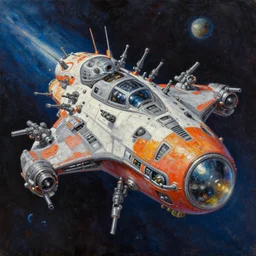 classical oil painting of a sidescrolling shooter spaceship with lots of tiny guns, outer space, hyperrealism, fine detail, 8 k, trending on artstation, stylistic, brush strokes, oil, canvas, gaudy colors by kawacy and makoto shinkai