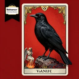beautiful digital fantasy illustration of a black bird with a red background, poster art by victo ngai, behance contest winner, vanitas, wiccan, tarot card, angel sitting on a rock, abyssal warmth, an ultrafine detailed painting by peter mohrbacher, high detail texture, unreal engine, 8 k, photographic quality, ultra hyper realistic quality