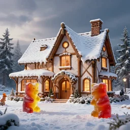 professional high quality wide - angle digital art from 5 0 feet in the distance of a home designed by frank lloyd wright. the house strongly resembles a fairytale gingerbread house. 2 life - sized colorful gummi bears are are in action poses in front of the house. it's a delightful wintery scene. photorealistic, epic fantasy, dramatic lighting, cinematic, extremely high detail, cinematic lighting, trending, artstation, cgsociety, 3 d ue 5, 4 k, hq