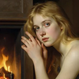 girl in thought by auguste toulmouche and bouguereau, clear face, perfect detailed eyes, fireplace lighting, beautiful hands, pale skin, blonde hair, leaning on door