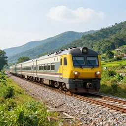 a train in beautiful landscape, at daytime, f / 1, 1 / 2 shutter speed, iso 6 4 0 0