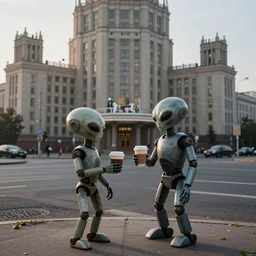 a photograph of two alien robots sharing a coffee on an empty street corner, brutalist russian architecture, early morning, dramatic lighting, 4k, trending on artstation