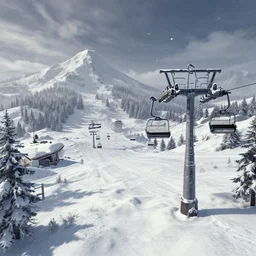 Screenshot from Nier Automata, beautiful landscape at an abandonned ski station, near a chairlift, winter