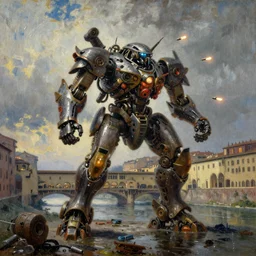 a giant steampunk mecha attack with missiles ponte vecchio at dawn, night, rain, oil paint by william - adolphe bouguereau