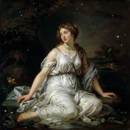 greek goddess sitting in a beautiful pond under the stars, harsh lighting, painting, classical art