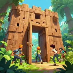 open door wood wall fortress greeble block amazon jungle vanillaware post - processing illustration wide angle action dynamic portrait official fanart behance hd artstation by jesper ejsing, by rhads, makoto shinkai and lois van baarle, ilya kuvshinov, rossdraws