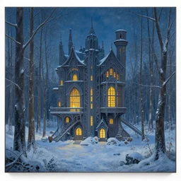 tyranid house in snowy forest at twilight. illuminated windows. intricate painting by ross tran, magali villeneuve, and jeremy mann.