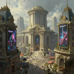 concept art of the central marketplace of a cyberpunk city, classical architecture, ancient buildings, by hubert robert and etienne - louis boullee, cyberpunk style, cyberpunk ads, technological, hyperrealistic painting, intricate, fine detail, polished, futuristic