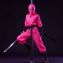 a ninja with sword standing on a pole in neon pink clothes