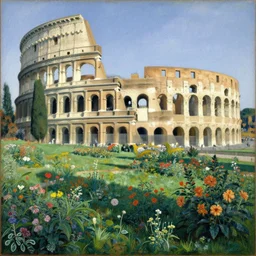 colosseum flower garden on hills by henri rousseau masterpiece shadows and highlights mucha beksinski
