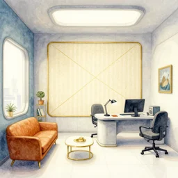 a beautiful illustration of futuristic detective office interior, retro sofa, wallpaper, big medium small, golden ratio, in watercolor gouache detailed paintings, in style of syd mead, trending on artstation, 8 k, panel, hard surface, vent, zaha hadid, props, plant, cozy, decoration around the room, simon stalenhag, deus ex