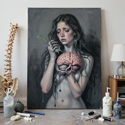 dripping black and grey paint, white wax, sensual, pork, a sad portrait in a female art student's apartment, surgical supplies, spine, grey vegetables, depression, crying, woman holding a brain from inside a painting, berries, octopus, art materials, a lamp, bottles covered in wax, neo - expressionism, surrealism, acrylic and spray paint and oilstick on canvas