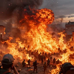 a beautiful hyperrealistic detailed 3D render of a firey riot, by Anton Otto Fischer, Atey Ghailan, genzoman, unreal engine, octane render, gigantic, 3D, brilliantly coloured, intricate, ultra wide angle, trending on artstation, embers, smoke, dust, dusk, volumetric lighting, HDR, polished, micro details, ray tracing, 8k