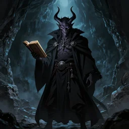 an epic, ominous dark mage demon hybrid holding a spell tome, anime art, a vast, dark cave