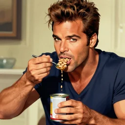 ricky martin eating from a can of beans, digital illustration, in the style of greg rutkowski, amazing detail, epic