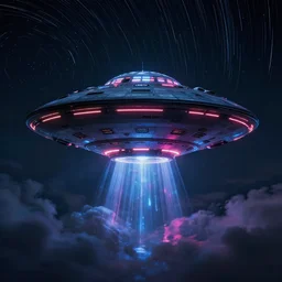 ultra detailed ufo by artstation lucas parolin, dark night, cyberpunk, neon lights, reflections ray, tracingstar trails, dramatic light, fluffy clouds, digital painting, igh detailed, 8 k render, perfect shape, hyperrealistic