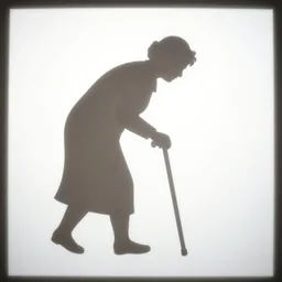 back lit paper cut shape shadows on white screen of an old woman walking bent over with a cane, backlit,