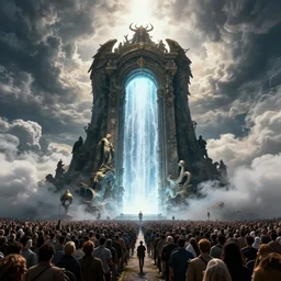 alvah angelrune water portal to hell located in heaven, photorealistic, crowd of people, rule of thirds, 4 k, dark bright effect, michelangelo