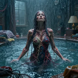 rgb, woman, drowning, heavy rain!!!!, cinematic, movie scene, inspired by zdzislaw beksinski, clothes made out of veins,, cables everywhere, bedroom, ultra realistic, concept art, intricate details, highly detailed, photorealistic, octane render, 8 k