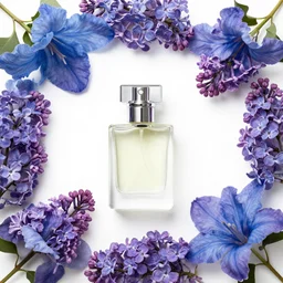 perfume surrounded by artistic blue and lilac flower frame, white backgrond,