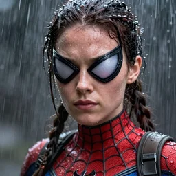 Lara croft as spiderwoman,face wet, heavy rain ,dramatic, intricate, highly detailed, concept art, smooth, sharp focus, illustration, Unreal Engine 5, 8K