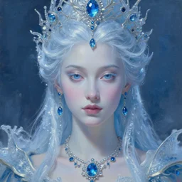 portrait of a beautiful stunning peaceful majestic ice queen wearing intricate jewelry, oil on canvas, baroque style, perfect symmetrical face, mood lighting, ornate and elegant, winter, philosophical, painterly, 🌚, digital art, detailed, trending on artstation