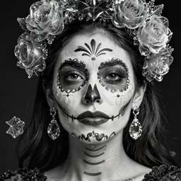 portrait photo of a beautiful hispanic woman, details and style of mexico day of the dead, black and white spinal ribbed, beautiful, highly detailed, hyperdetailed, intricate translucent dead ivy jelly ornate, poetic, translucent roses ornate, digital art, octane render, 4 k artistic photography, photo - realistic, by dora maar