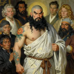 full character of a strong chinese monk with black beard and flower tattoo, character design, painting by gaston bussiere, katsuya terada, nc wyeth, greg rutkowski, craig mullins, vermeer, frank frazetta, mucha, tom of finland, trending on artstation, jeffery catherine jones