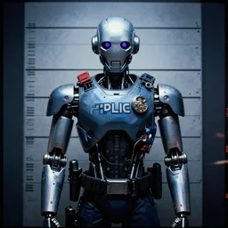 digital art Cyberpunk Robot police Mugshot, CineStill 800T Film