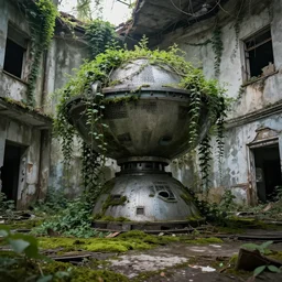 teleportation machine in an abandoned city, with vines growing over it and moss on the floor, as if it's been there for years