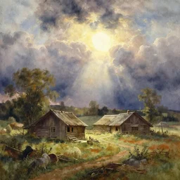 watercolor painting of beautiful rustic view, magical, ambient lighting, art by hans gude, art by hans dahl, by jesper ejsing, art by anders zorn, wonderful masterpiece by greg rutkowski, cinematic light, american romanticism by greg manchess, creation by tyler edlin, heavy clouds and sun