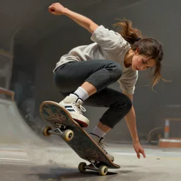 skater woman doing tricks, deep focus, intricate, highly detailed, digital painting, artstation, concept art, matte, sharp focus, illustration, art by artgerm and greg rutkowski