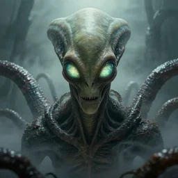 grotesque alien with long forehead. green semitransparant cloudy lightly glowing eyes. high quality photorealistic octane render 4 k, hyperrealism, volumetric fog, scary, serious, dark, fear, concept art of h. r. giger, trending on artstation, symmetric, horror, gigantic kaiju looking down worms - eye - view