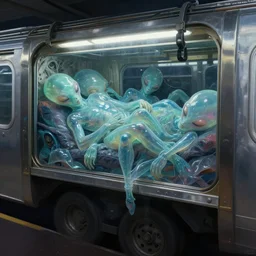 cyberpunk detail painting of subway garbage car full of translucent sleeping aliens, deep displacement, back light, reflections, raytracing, raymarching, subsurface scattering, digital art, painted by alan lee