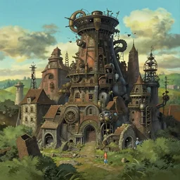 the ruins of a steampunk city, in the style of studio ghibli