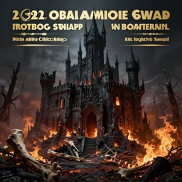 hyperrealistic photograph of the black castle of rotbog swamp burned to the ground, fire, giant bones, dim volumetric lighting, octane beautifully detailed render, extremely hyper detailed, intricate, epic composition, cinematic lighting, masterpiece, trending on artstation, very detailed, stunning, hdr, smooth, sharp focus, high resolution, award, winning photo
