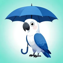 vector illustration of a stylish blue-umbrella-cockatoo with it\'s crest up. the cockatoo looks mischevious and friendly. The background is a gradient of teal and white. high-quality illustration, line art, Japanese character design influence