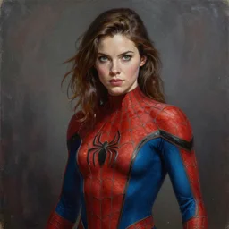 a beautiful woman spiderman, painted by artgerm and tom bagshaw, fantasy art, dramatic lighting, highly detailed oil painting