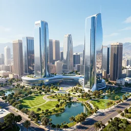 futuristic los angeles with humongous glass buildings, parks and lakes around the city, sunny day, volumetric light, hyperdetailed, artstation, cgsociety, 8 k