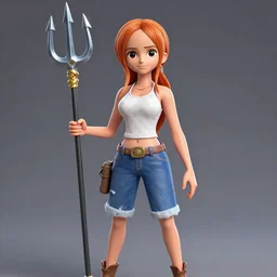 A full body portrait of emma watson as Nami from one piece holding a trident in one hand, 3d, trending artstation, perfect faces