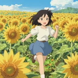 Anime young girl in the style of Kyoto Animation running through a field of sunflowers