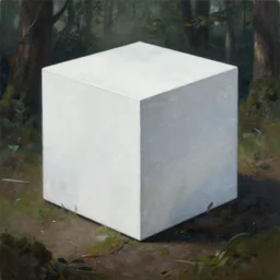 one textured white metallic cube on the ground in the forest, realistic sci-fi painting by simon stålenhag, digital art, trending on artstation