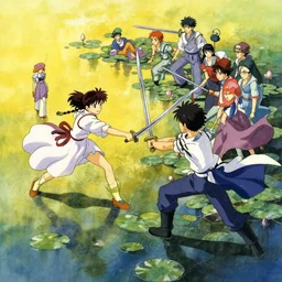 anime movie scene, characters, waterway, fantasy. sword fight, amazing composition, colorful watercolor, lily pads, reflections, by ruan jia, by maxfield parrish, by koji morimoto, by hikari shimoda, by sparth, by zhang kechun, illustration, gloomy, yellow